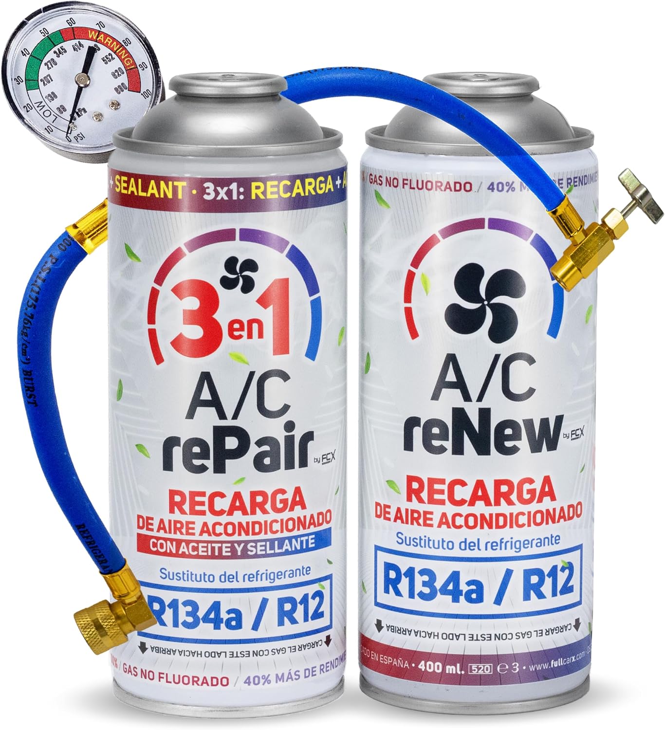 AC Kit Completo Recarga Aire Acondicionado Coche con Aceite Sellador Detector Tapa Fugas, Sustituto Gas Refrigerante R134a R12, Manómetro LP, Natural y Ecológico Recambio Compatible Coches 1992-2016