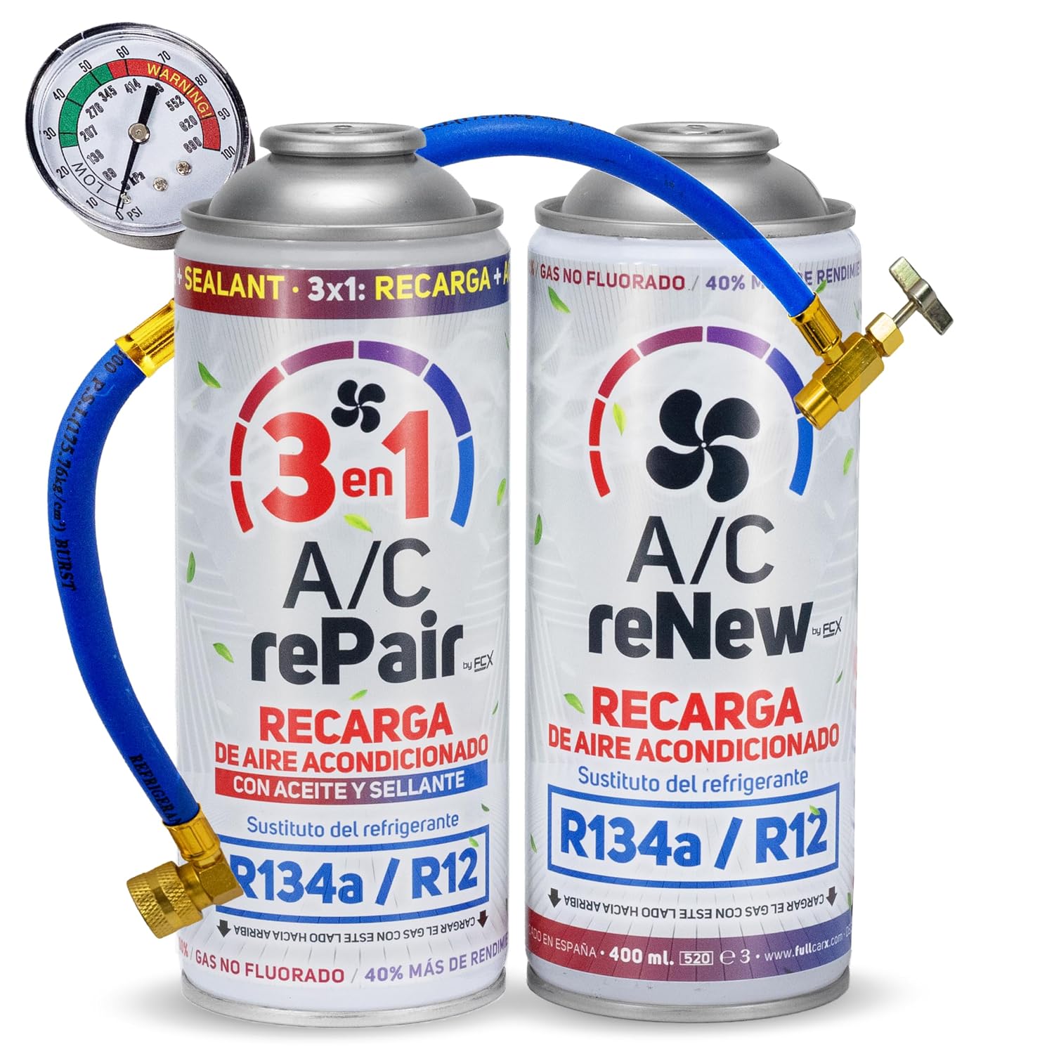 AC Kit Completo Recarga Aire Acondicionado Coche con Aceite Sellador Detector Tapa Fugas, Sustituto Gas Refrigerante R134a R12, Manómetro LP, Natural y Ecológico Recambio Compatible Coches 1992-2016
