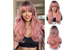 OUFEI Longue Perruque Rose Ombrée avec Franges-rideaux Perruques Ondulées pour Femmes Cheveux Synthétiques Naturels Perruques Résistantes à la Chaleur pour Les Fêtes Quotidiennes Cosplay Wear