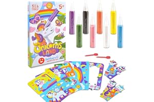 Sabbiarelli Sand-it For Fun - Kit Unicorns Land, Set Creativo di Sand Art per Bambini 5+: 8 Penne di Sabbia Colorata e 6 Fogli Adesivi A5 con 8 Disegni, 4 Segnalibri e 1 Cornice a Tema Unicorni