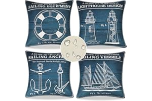 ELITEHOMECOMFORTS Fundas Cojines Impermeables Funda Cojin Lino Funda Cojines Verano Estilo Marinero Náutico Ancla Velero Fundas de Cojines para Jardín Balcones Camping Muebles de Patio Al Aire (Leuchtturm, 40 x 40 cm)