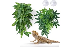 SLSON 2Pcs Reptile Hanging Plants with Suction Cup for Terrarium Accessories, Artificial Hanging Vines Plants for Geckos Bearded Dragon Lizard Chameleon Habitat Decoration (Green, Green)