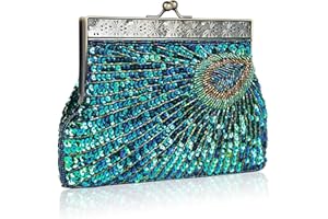 YYW Vintage Clutch Sequin Teal Peacock Unusual Antique Beaded Sequin Evening Handbag Women's Fashion Designer Elegant Purse