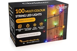 CHRISTOW Christmas Fairy Lights, Multi-Coloured LED String Lighting with Timer, Indoor & Outdoor, Tree Lights, 8 Light Modes Flashing & Static, Green Cable (100 LED / 10m Lit Length)