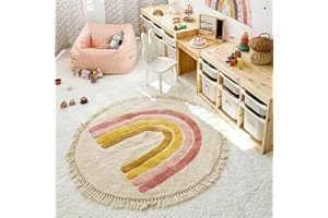 ‎TOSPASS Tospass Kinderzimmer Teppich Regenbogen Weicher Rund Quasten Waschbarer Kinder Teppich Schlafzimmer Junge Mädchen Kurzflor rutschfest Teppich, 120 cm Rund
