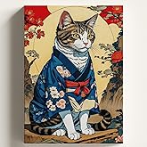 Sayılarla Boyama Tuval Hobi Seti, JAPON KEDİ Temalı Fır&ccedil;a ve Boya Dahil Set (&Ccedil;ıtalı) 40x50 CM, Kendin Yap Sayılarla Tuval Boy