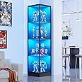 BROTTAR 4 Tier Corner Display Cabinets, 62.9" Tall Bookcase Bookshelf with Lights and Magnetic Lock, Corner Storage Cabinet with Human Sensor for Living Room Corner Shelf Unit, Black