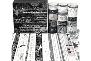 Draupnir 20 Rotoli di Nastro Adesivo Vintage Estetico, 25/20/15/10/5 mm Vintage Washi Tapes Set per Decorativi Agenda, Agende, Scrapbooking, Album fai da te, Diario - Black and White