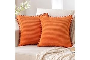 EMEMA Poszewka na poduszkę, aksamitna, dekoracyjna, dekoracyjna, na sofę, do salonu, sypialni, kawiarni, na jesień, z pomponem, 50 x 50 cm, pomarańczowa, 2 sztuki w zestawie