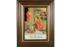 Hinterglaswerkstätten - Hinterglasbild/Patronatsbild Hl. Aloisius mit braun gebeizten Holzrahmen, handbemalt mit Legende des Heiligen auf der Bildrückseite, ca. B: 12,5 x H: 16 cm