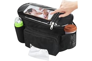 CAKEFLY Upgraded Pram Organiser with Touch Screen Phone Pocket Buggy Bag Universal Mummy Baby Pram Bags Cup Holders Shoulder Strap Waterproof Pushchair Bag Handbag Backbag Pram Accessories