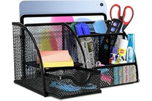 DOTTALL Rangement de Bureau, Organisateur de Bureau en Filet MéTallique, Porte-Stylo Peu Encombrant avec Tiroir Coulissant, 6 Compartiments de Tri Pour Cahiers, Tablettes, TéLéPhones Portables (Noir)