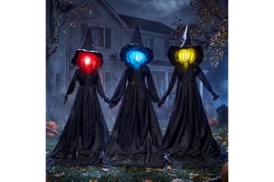 JOYIN 3-pack 122 cm halloween upplyst häxa gårdsinsats, häxa gårdsskylt med läskigt ljud (ljudaktivering) för halloween utomhus, gräsmatta, gård, uteplats dekoration, husdekorationer