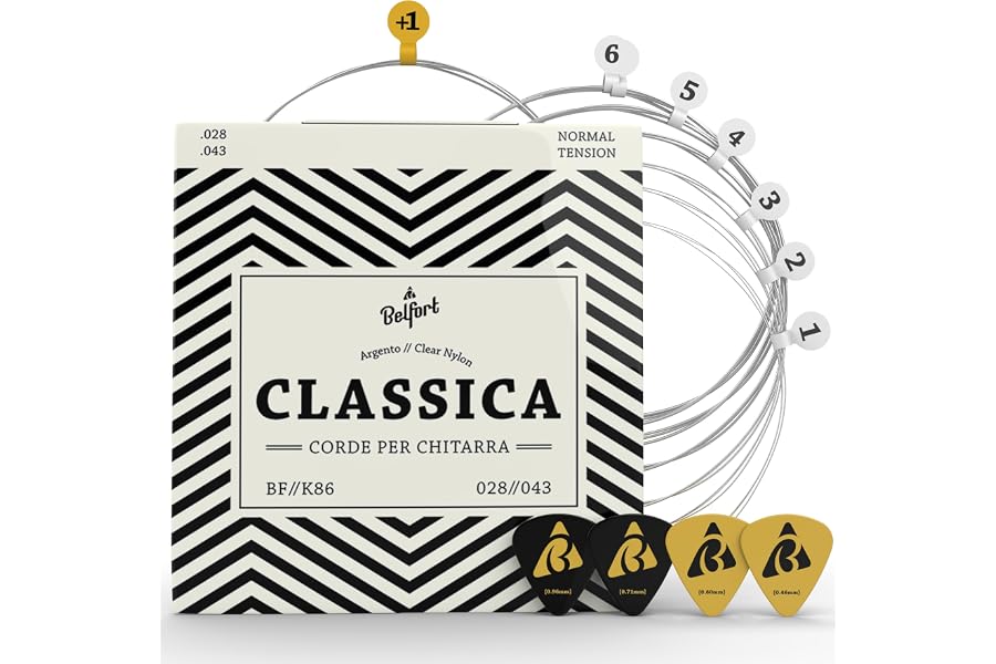 BELFORT® Set di Corde per Chitarra Classica in Nylon (Set da 6) Muta di Corde Chitarra Acustica - 4 Plettri, Corda Mi Extra e