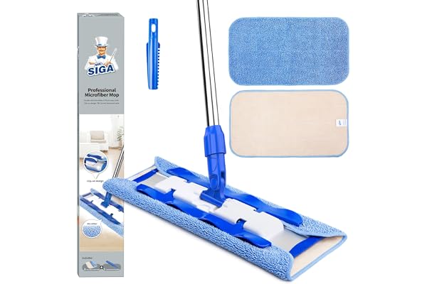 MR.SIGA Professionell Mikrofibermopp för Trägolv | MR.SIGA Rostfritt Teleskopiskt Skaft, 3 Återanvändbara Mikrofiber Mopprefill Och 1 Skurbricka För Smutsborttagning Ingår