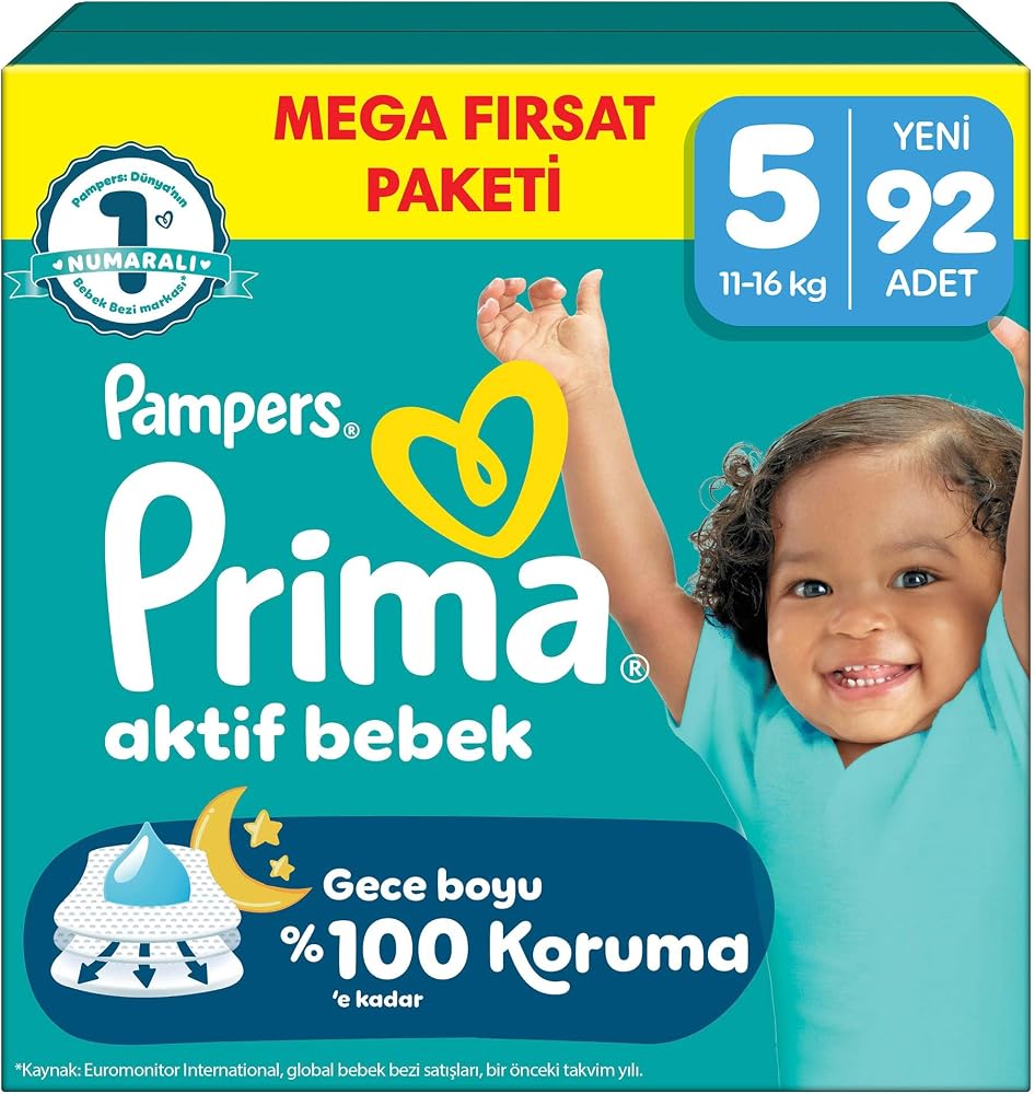 Prima Bebek Bezi Aktif Bebek Mega Fırsat Paketi 5 Beden 92 Adet