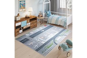 TAPISO Emma Teppich Waschbar bei 30 Grad Grau Blau Straße Verkehr Flugzeug bedruckter Kinderteppich Antirutsch Kinderzimmer Jugendzimmer Modern ÖKO-TEX 80 x 150 cm