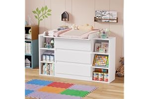 MSFE 2-in-1 Wickelkommode mit abnehmbarem Wickelaufsatz, Baby Wickeltisch&Kommode mit 3 Schubladen und 6 Regalfächern für Kinderzimmer und Schlafzimmer,73x70x78 cm/113x32x70 cm, Weiß（Ohne wickelauflage)