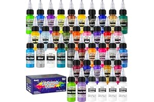 Roizefar Airbrush Farben, 36 Farben mit 4 Verdünner, Airbrush Farben Set Kombinat für DIY, Aquarell, Ölmalerei usw, Neon farbene und Metallische Airbrush Farben Acryl, 20 ml/Flasche