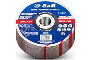 S&R Discos Radial 115x1 mm Corte Metal Hierro Acero INOX. Juego 25 discos Accessorio amoladora ángular. Made in EU