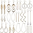 Aganippe 12/13/14 Pairs Gold Dangle Earrings for Women- Simple Drop Earrings Multipack-Curved Threader Dangle Earrings Set-Upside Down Hoop Earrings- Leaf Earrings