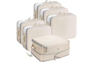 Homsorout Ultra Space Saving Compression Organisers - Set of 6, Large Capacity Expandable Storage Bags for Bedding & Clothing Packing Cubes with Clear Window, Beige