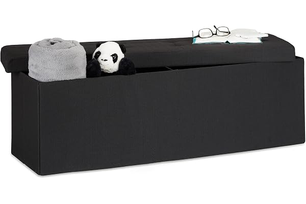 Relaxdays hopfällbar förvaringsbänk, sittpuff linnetyg klädd sängbänk, förvaringslåda 38x114x38cm fotpall