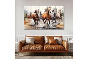 The Castle Decor 7 Horses Wall Painting for Living Room Big Size - 7 Running Horses Painting Vastu for Bedroom, Office, Hotel - Wall Decor Digital Painting Wooden Framed for Gifting (27x48 inch)