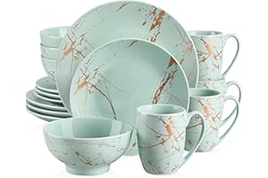 LOVECASA, Series Sweet, 16 Pieces Porcelain Dinner Set Color Glaze with Gold Plate Crockery Set Kitchen Dinnerware Set with Dinner Plates, Dessert Plate, Bowls and Mugs, Service for 4, Light Blue