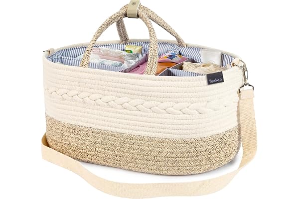 YeaYee Organisateur de panier à couches pour bébé, panier de rangement pour chambre d'enfant avec 3 compartiments, toile 100% coton, panier à langer portable, cadeau pour nouveau-né