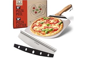Chef Pomodoro Pala Pizza Horno Larga, Pala para Pizza de Aluminio con Tope de Seguriddad y Mango Plegable de Madera de 10 cm para Fácil Almacenamiento (30,5 x 35,6 cm + 35,5 Cutter)