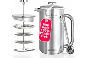 Ziruma Non-Toxic French Press, Surgical Stainless Steel Coffee Press, Plastic-Free, Heavy Metal-Free, No Endocrine Disruptors, 1000 ml, Double Wall, 4-Layer Filter, Portable Coffee Maker