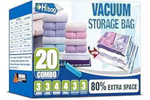 HIBAG Premium Space Saver Bags 20 Pack Vacuum Compression Bags (2Small, 6Medium, 5Large, 5Jumbo, 2 Roll Up Bags No Vacuum Needed And 1 Free HandPump