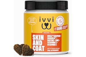 ivvi - Skin & Coat - Complément Alimentaire pour Chien, Anti-Démangeaisons, Fourrure Douce et Brillante - Oméga 3, Huile de Saumon, DHAgold, Vitamines C, E et Zinc - 60 Friandises au Saumon
