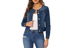 Allegra K Veste en jean pour femme boutonnée sans col à manches longues vestes en jean