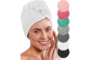 LAYNENBURG 2 Pezzi Asciugamano Turbante Deluxe con Bottone per Capelli Corti e Lunghi - Spugna di Cotone - 8 Lacci per Capelli Gratis - Asciugatura Rapida e asciugacapelli Super Assorbente (Bianco)