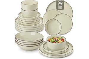 vancasso Navia Plates and Bowls Set, 24 Piece Vintage Stoneware Dinner Sets for 6 People, Chip Resistant Dinnerware Sets Crockery Set, Microwave & Dishwasher Safe Tableware, Speckled Cream