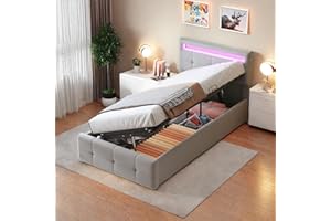 Wyibwy Letto imbottito 90x200 cm,Con illuminazione a LED,Letto contenitore idraulico,letto singolo con Testiera regolabile in altezza,Tessuto di velluto, per adulti e ragazzi,Grigio