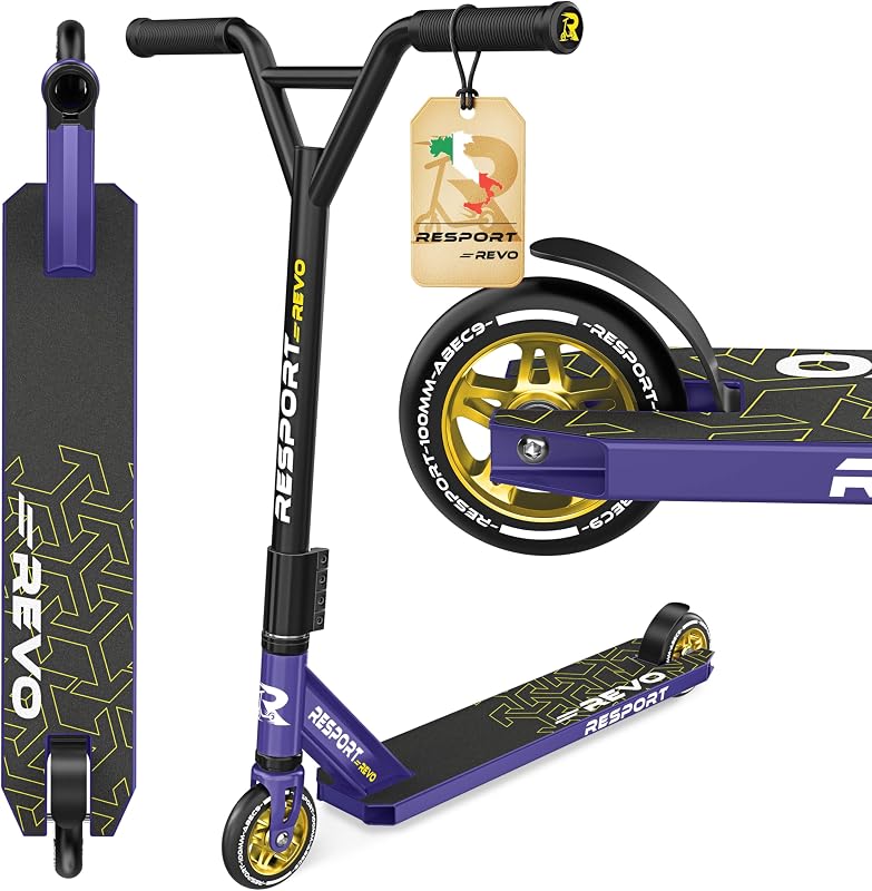RE:SPORT Stunt Scooter REVO per bambini e adulti con supporto, 100 mm, ruote in poliuretano e Y-Bar, per acrobazia, scooter ABEC 9, cuscinetti a sfera