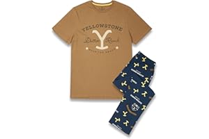 Y YELLOWSTONE Yellowstone męska piżama | Dorośli Dutton Ranch Tan koszulka z krótkim rękawem i granatowa koszulka z długim rękawem i nadrukiem na całej powierzchni piżamy z długimi nogawkami | Noś markę Western TV