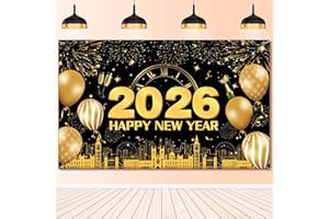 QNVYW Silvester Banner Deko 2026, Extra Große Stoff Happy New Year Backdrop für Dekorationen, Schwarz Gold Feuerwerk Photo Booth Hintergrund Poster für Neujahr Party Supplies(72 x 44 Zoll)