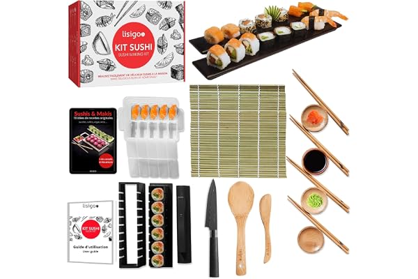 lisigoo Kit sushi maki complet - Sushi maker - Appareil pour fabrication sushi - Coffret avec natte en bambou, couteau japonais, baguettes, moule à sushi, moule à maki - Idée cadeau homme femme