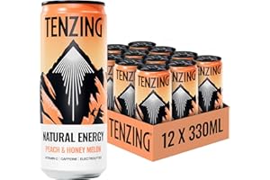 TENZING Natural Energy Drink, Plant Based, Vegan, & Gluten Free Drink, Peach & Honey Melon, 330ml (Pack of 12) - Packaging may vary