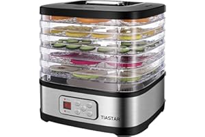 Tiastar Dörrautomat mit 5 Einlegefächer, Dörrgerät mit Temperaturregler 35-70°C, 72h-Timer Dehydrator, 240W Dörrapparat für Lebensmittel, Fleisch Frucht Gemüsetrockner, BPA Frei, Rechteckig
