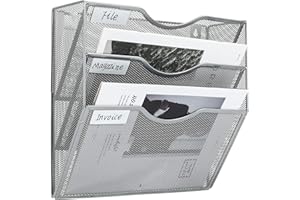 PAG 3-Tier Hanging Wall File Holder Mail Organizer Wall Magazine File Letter Rack,Mesh Metal A4 Wall Mounted Document Holder Paper Storage, Silver