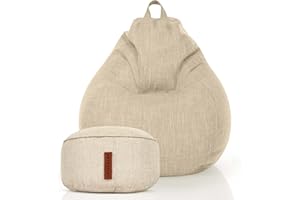 Green Bean© Zestaw do Pomieszczeń XXL Worek Fasolowy + Podnóżek z Koralikami EPS - Siedzisko Pufa Podłogowa Rozkładana Krzesło Wypoczynkowe Fotel Beżowy