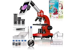 Bresser Junior Schülermikroskop BIOLUX SEL mit Smartphonehalter, reichhaltigem Zubehör und Barlow-Zoom-System für Kinder, Einsteiger und Erwachsene, rot