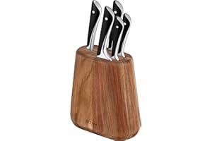 ‎TEFAL Jamie Oliver by Tefal 5-teiliges Küchenmesser-Set + Block, Koch-/Santoku-/Brot-/Universal-/Schälmesser, eisgehärtet, deutsche Edelstahlklingen, Akazienholz-Block, Braun, K267S556