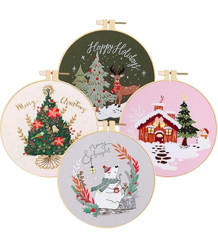 Kit Broderie Noël Pour Débutants - 4 Motifs - Cadre, Fils, Aiguilles - Activité DIY Cadeau Créatif