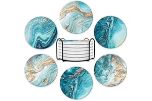 DOOKE Sous-verres, Lot de 6 sous-verres de design premium avec support, sous-verres pour boissons en pierre de céramique absorbante, joli cadeau pour décoration de Noël, cadeaux de Noël, bleu